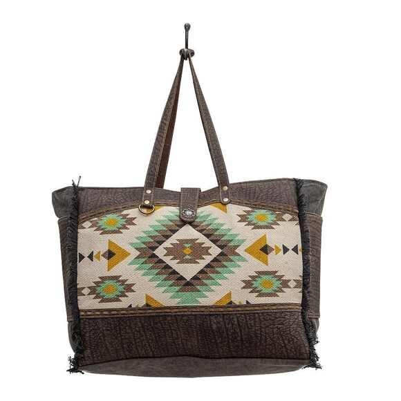 Myra Bag Handmade Flatey Weekender Bag Upcycled Canvas & Cowhide Leather - Picture 4 of 9